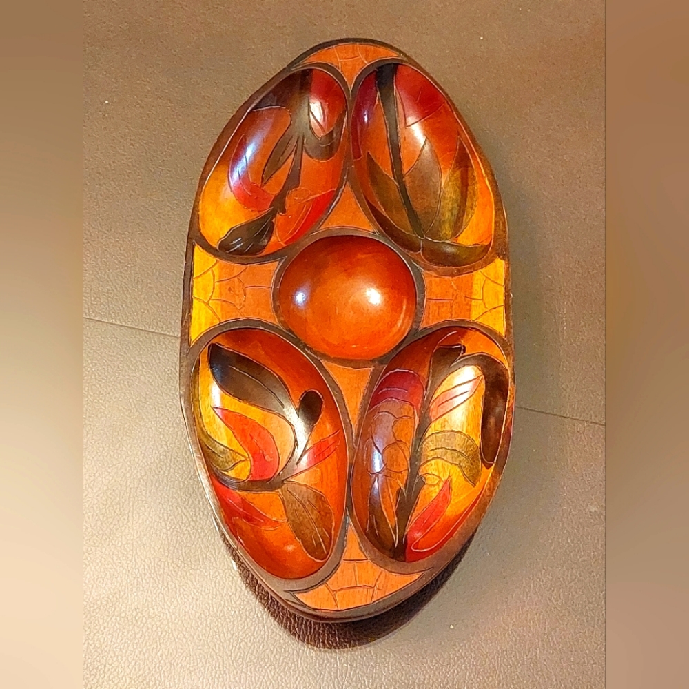 Vintage Divided Wooden Tray - Hand Painted Carved Wooden Plate/Bowl